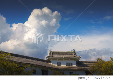 Himeji, Japan - Sep 24 2024, panoramic view of the roof of the fortress wall of Himeji Castle, White Heron Castle, with a huge cumulus white cloud and blue sky above, without people, Himeji, Japan Himeji, Japan - Sep 24 2024, panoramic view of the roof of the fortress wall of Himeji Castle, White Heron Castle, with a huge cumulus white cloud and blue sky above, without people, Himeji, Japan 137716097