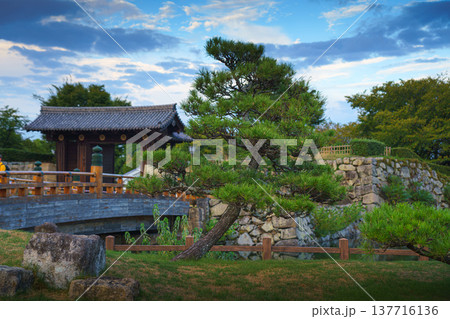 Himeji, Japan - Sep 24 2024, panoramic view of Sakuramon Bridge and entrance gate to Himeji Castle, White Heron Castle, with a tree in foreground, at daytime with cloudy sky, Himeji, Japan Himeji, Japan - Sep 24 2024, panoramic view of Sakuramon Bridge and entrance gate to Himeji Castle, White Heron Castle, with a tree in foreground, at daytime with cloudy sky, Himeji, Japan 137716136