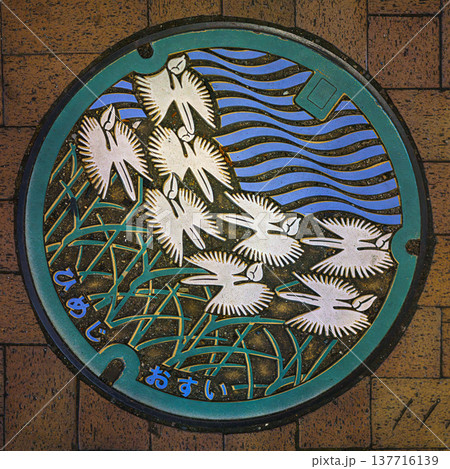 Himeji, Japan - Sep 24 2024, A close-up view of a manhole with colorful picture of stylized flying white egrets over a river and a field of reeds, on a street of Himeji, Japan 137716139