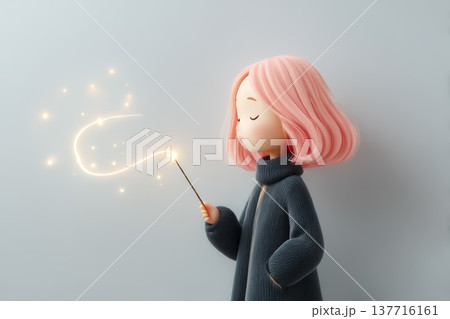 絵美シリーズ：光の魔法を描くピンク髪の若い女性 絵美シリーズのファンタジーイラスト素材 137716161