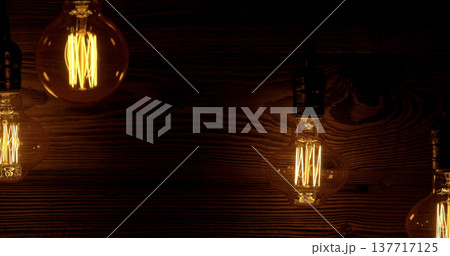Warm light bulbs hang against a dark wood backdrop creating a cozy atmosphere for an indoor setting during an evening gathering Warm light bulbs hang against a dark wood backdrop creating a cozy atmosphere for an indoor setting during an evening gathering 137717125