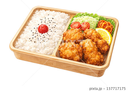 から揚げ弁当 木製弁当箱 日本のランチ 水彩イラスト 137717175