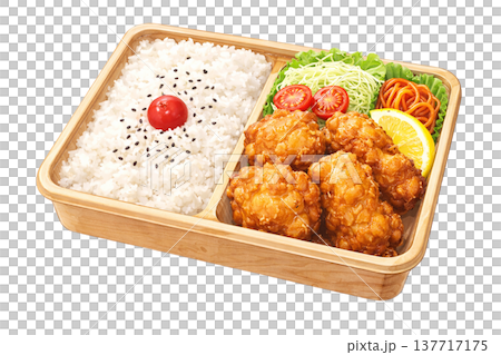 から揚げ弁当 木製弁当箱 日本のランチ 水彩イラスト 137717175
