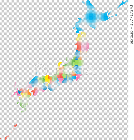 日本列島詳細地圖,依都道府縣劃分,以不同顏色的圓點表示。 日本列島詳細地圖,依都道府縣劃分,以不同顏色的圓點表示。 137717243