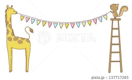 旗の準備をするキリンとリスのイラスト 137717265