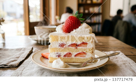 白いお皿に盛り付けられたイチゴのショートケーキ 137717479