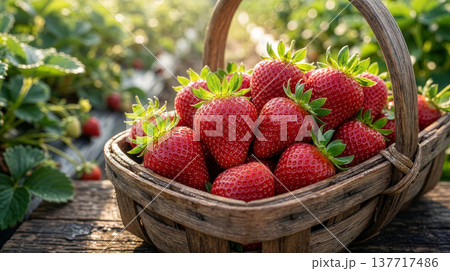 収穫したてのイチゴが入ったバスケット 収穫したてのイチゴが入ったバスケット 137717486
