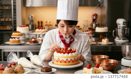 真剣な表情でイチゴケーキを作る女性パティシエ 真剣な表情でイチゴケーキを作る女性パティシエ 137717488