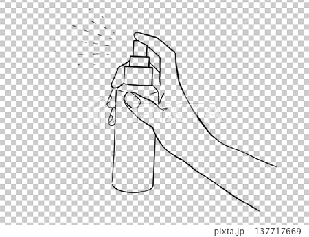一隻手噴灑消毒劑的線條藝術插圖;用於消毒和清潔的單色圖像。 一隻手噴灑消毒劑的線條藝術插圖;用於消毒和清潔的單色圖像。 137717669