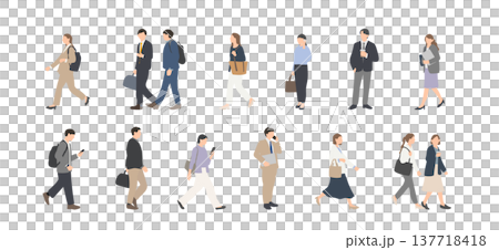 一組描繪商務人士通勤上班的人物畫，畫中男女手持智慧型手機、包包和咖啡。 137718418