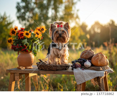 ひまわりとパンに囲まれたヨークシャーテリア 137718862