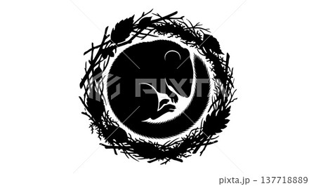 葉と枝の輪に眠る動物のシルエット 137718889