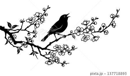 桜の枝にとまる歌う鳥の墨絵風イラスト 137718893