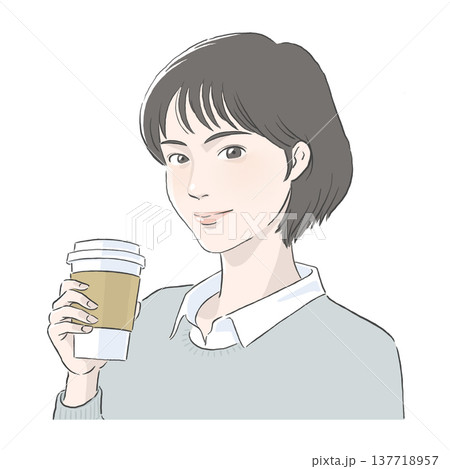 コーヒーを手に持つ黒髪ボブの女性のイラスト 137718957