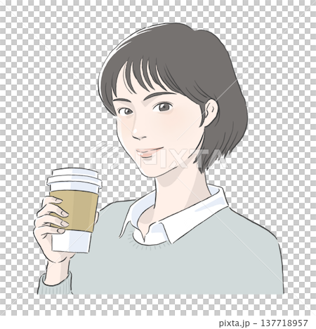 An illustration of a woman with black bobbed hair holding a cup of coffee. 137718957