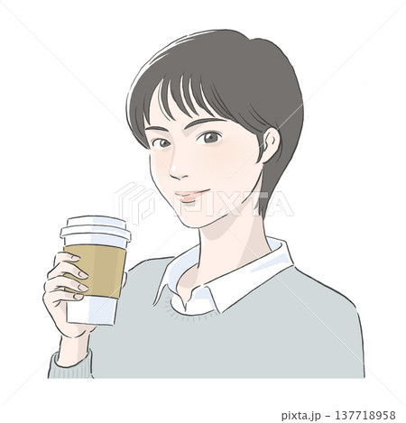 コーヒーを手に持つ黒髪ショートの女性のイラスト コーヒーを手に持つ黒髪ショートの女性のイラスト 137718958