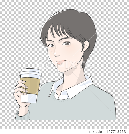 コーヒーを手に持つ黒髪ショートの女性のイラスト コーヒーを手に持つ黒髪ショートの女性のイラスト 137718958