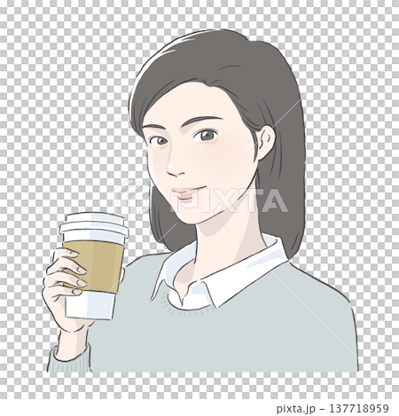 An illustration of a woman with shoulder-length black hair holding a cup of coffee. 137718959