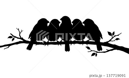 枝にとまる5羽の鳥のシルエット 137719091