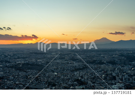 夕暮れ時の横浜の街並みと富士山 夕暮れ時の横浜の街並みと富士山 137719181