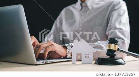Man reviews foreclosure house property estate law, considering bankruptcy mortgage loan options, legal debt settlement with attorney for home sale auction division crisis 137719257