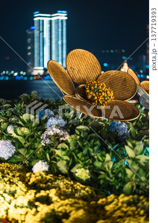 Decorative flower sculpture in waterfront park with night city skyline in Danang Vietnam, Floral art installation by riverfront against illuminated urban skyline, Asian night city view Decorative flower sculpture in waterfront park with night city skyline in Danang Vietnam, Floral art installation by riverfront against illuminated urban skyline, Asian night city view 137719393