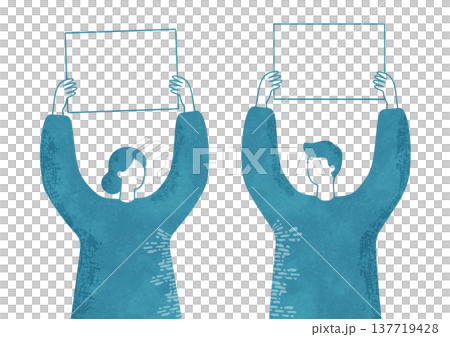 一男一女舉著一塊白板──輕鬆簡約的水彩插畫。 137719428