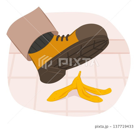 Human Foot in Sneaker Shoe Stepping on Banana Peel on Floor for Slippery Caution Concept Illustration Clip Art 137719433