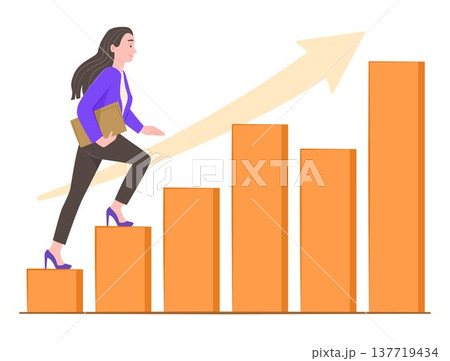 Confident Business Woman Step Up to High on Rising Bar Chart for Growth Business and Financial Efficiency Goal Concept Illustration Clip Art 137719434