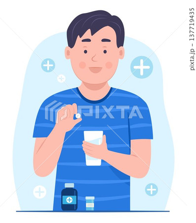 Teenager Boy Takes a Medicine Pill Tablet for Healthcare and Medical Concept Illustration Clip Art 137719435