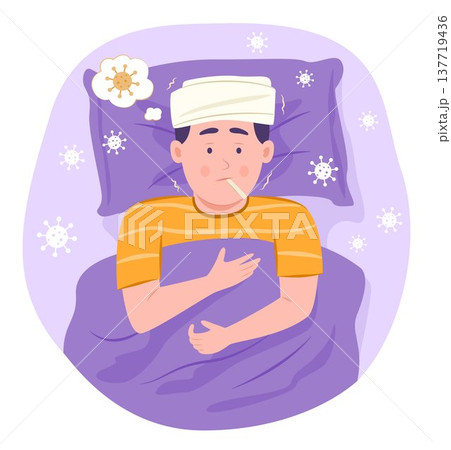 Sick Boy Kid Taking Temperature by Thermometer while Lying in Bed for Fever Concept Illustration Clip Art 137719436
