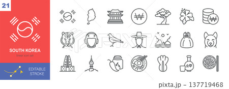 South Korea Icons Vector Set - Korean National Symbols, Landmarks and Cultural Elements. Isolated Linear Signs of Korean Food, Soju, Heritage, Cuisine, Nature, Currency, and Tradition in South Korea. 137719468