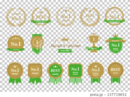 ランキング・アワード用のメダルとエンブレムのセット ゴールドと緑 137719652