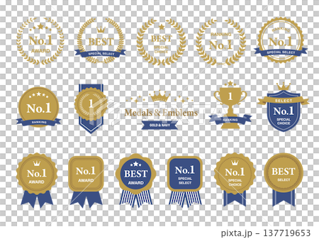 A set of medals and emblems for ranking awards, available in gold and navy blue. 137719653