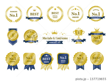 高級感のある金色のランキング・アワード用メダルとエンブレムのセット 青 高級感のある金色のランキング・アワード用メダルとエンブレムのセット 青 137719655