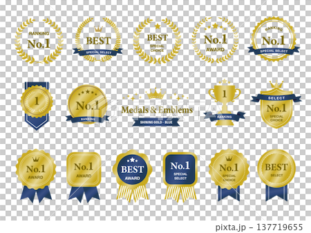 高級感のある金色のランキング・アワード用メダルとエンブレムのセット 青 高級感のある金色のランキング・アワード用メダルとエンブレムのセット 青 137719655