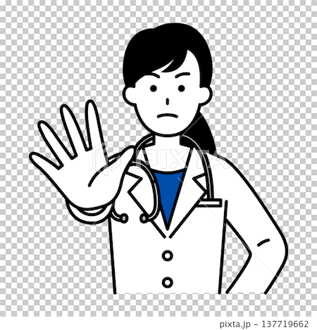 The female doctor extends her right hand to stop him. The female doctor extends her right hand to stop him. 137719662