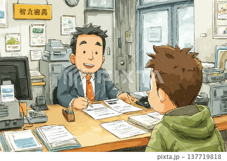 窓口で説明を受ける男性客｜金融相談と書類確認のイメージ 137719818