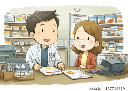 スーパーマーケットで説明をする男女の店員｜接客と仕事のイメージ 137719819