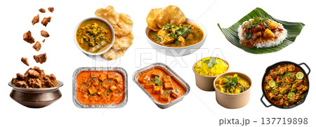 Collection of curry stew sauce gravy, spicy meat fish seafood vegetable, banana leaf, with Papad, cooking pot, takeout bowl box, foil tray, skillet pan, transparent cutout PNG Mockup 137719898