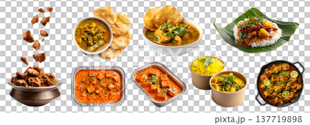 Collection of curry stew sauce gravy, spicy meat fish seafood vegetable, banana leaf, with Papad, cooking pot, takeout bowl box, foil tray, skillet pan, transparent cutout PNG Mockup 137719898
