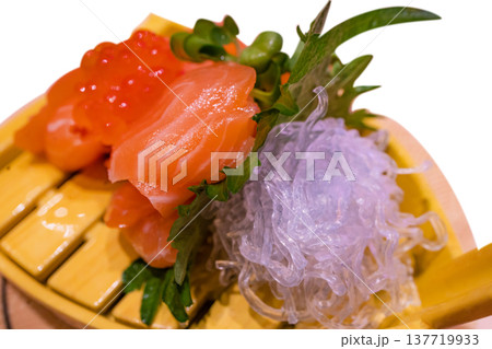 Top view of sashimi boat fresh, raw fish, focus selective 137719933