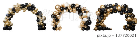 Set of elegant black gold silver white balloon party garland arch gate entrance on transparent cutout PNG file. Mockup template Set of elegant black gold silver white balloon party garland arch gate entrance on transparent cutout PNG file. Mockup template 137720021