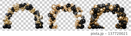 Set of elegant black gold silver white balloon party garland arch gate entrance on transparent cutout PNG file. Mockup template Set of elegant black gold silver white balloon party garland arch gate entrance on transparent cutout PNG file. Mockup template 137720021