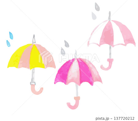 カラフルな傘と雨の水彩イラスト|梅雨 レイングッズ カラフルな傘と雨の水彩イラスト|梅雨 レイングッズ 137720212