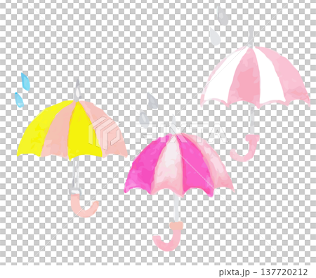 色彩繽紛的雨傘和雨水水彩插畫 | 雨季雨具 137720212