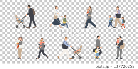 一組描繪上班族父母帶著孩子通勤的插圖。 一組描繪上班族父母帶著孩子通勤的插圖。 137720258