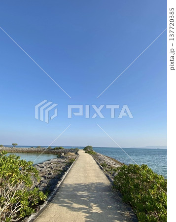 果てしなく続く青い空と沖縄の海 冨着海岸の開放感あふれる遊歩道 果てしなく続く青い空と沖縄の海 冨着海岸の開放感あふれる遊歩道 137720385