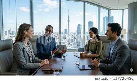 都心の会議室で和やかにミーティングをする外国人マネージャーたち 137720450