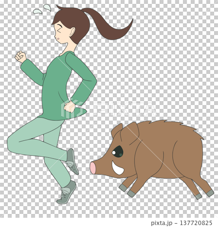 猪突猛進するイノシシとパニックになる女性 絶体絶命のピンチ 137720825